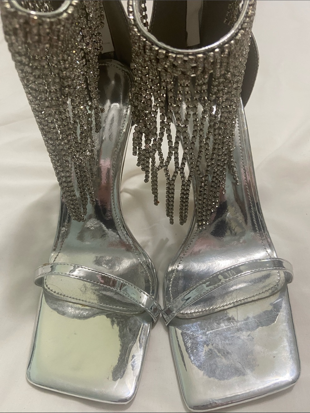Silver Rhinestone Fringe Ankle-Strap Heels